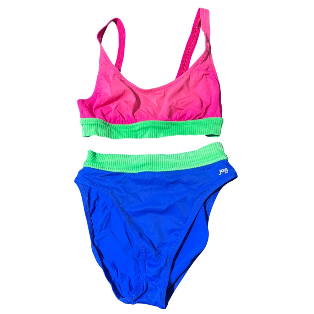 Jag 90s VTG Colorblock Bikini Set High Leg cut USA sz 8 (S/M) Neon Retro swim
